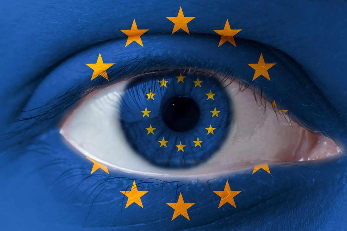 Human Face Painted With Flag Of European Union Eu On The Face An