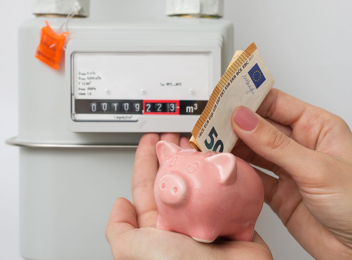 Energy Saving Concept. Woman's Hand Inserting Euro Cash In Piggy