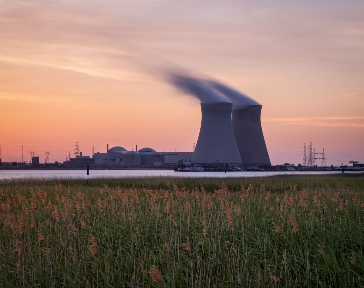 Sunset Over The Nuclear Reactor Of Doel In The Port Of Antwerp,